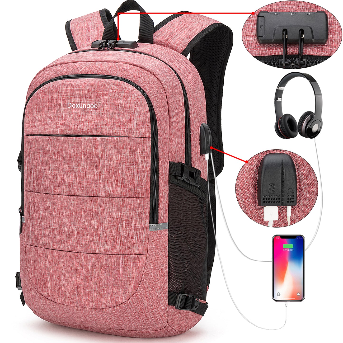Mochila antirrobo,Mochila Impermeable ,DOXUNGOO Mochila para portátil Hombre Mujer Mochila Escolares Aire Libre paracon bloqueo y con USB Puerto y puerto audífonos para Laptop hasta 15.6 pulgadas (Rosado)