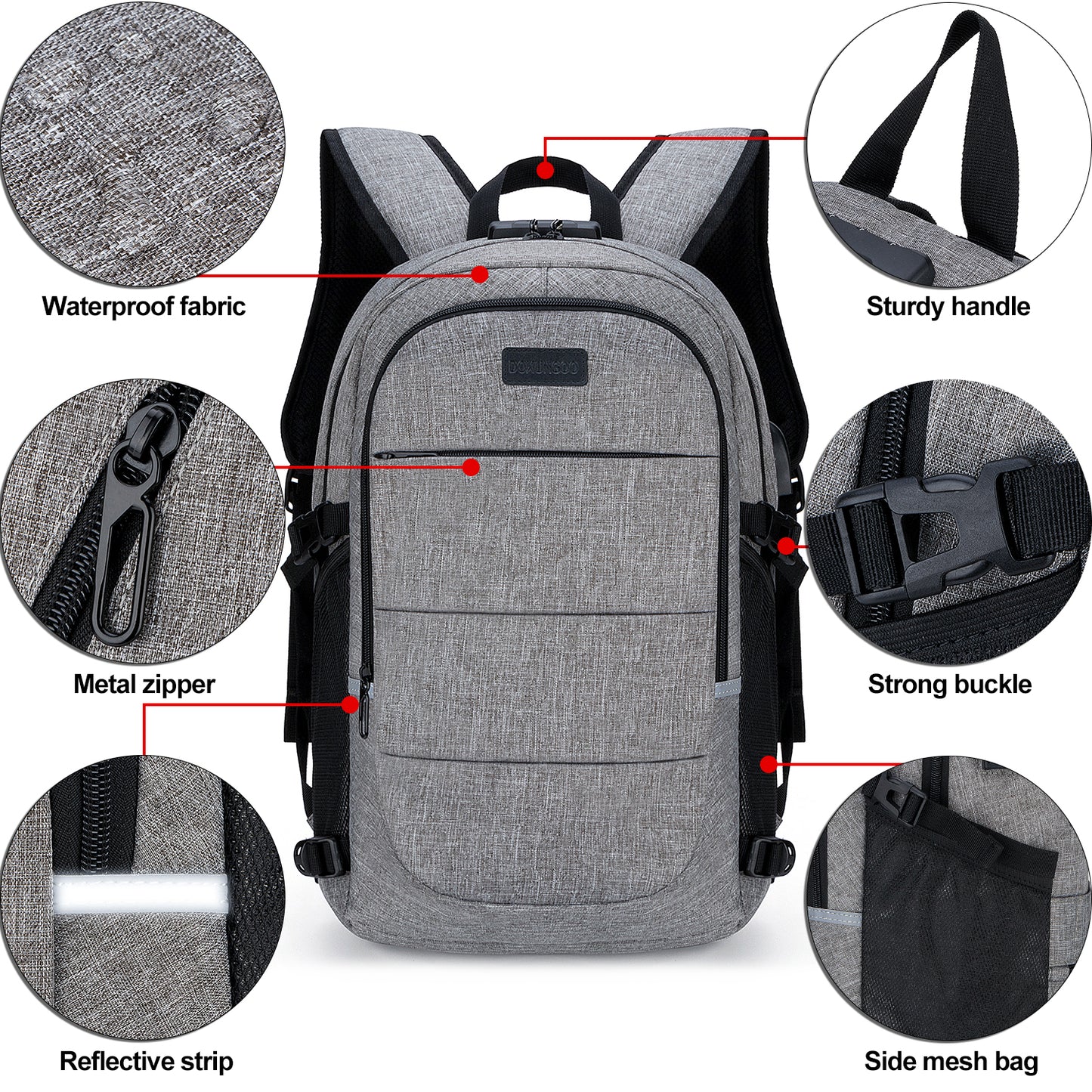 Mochila antirrobo, ochila Impermeable ,DOXUNGOO Mochila para portátil Hombre Mujer Mochila Escolares Aire Libre paracon bloqueo y con USB Puerto y puerto audífonos para Laptop hasta 15.6 pulgadas (gris)