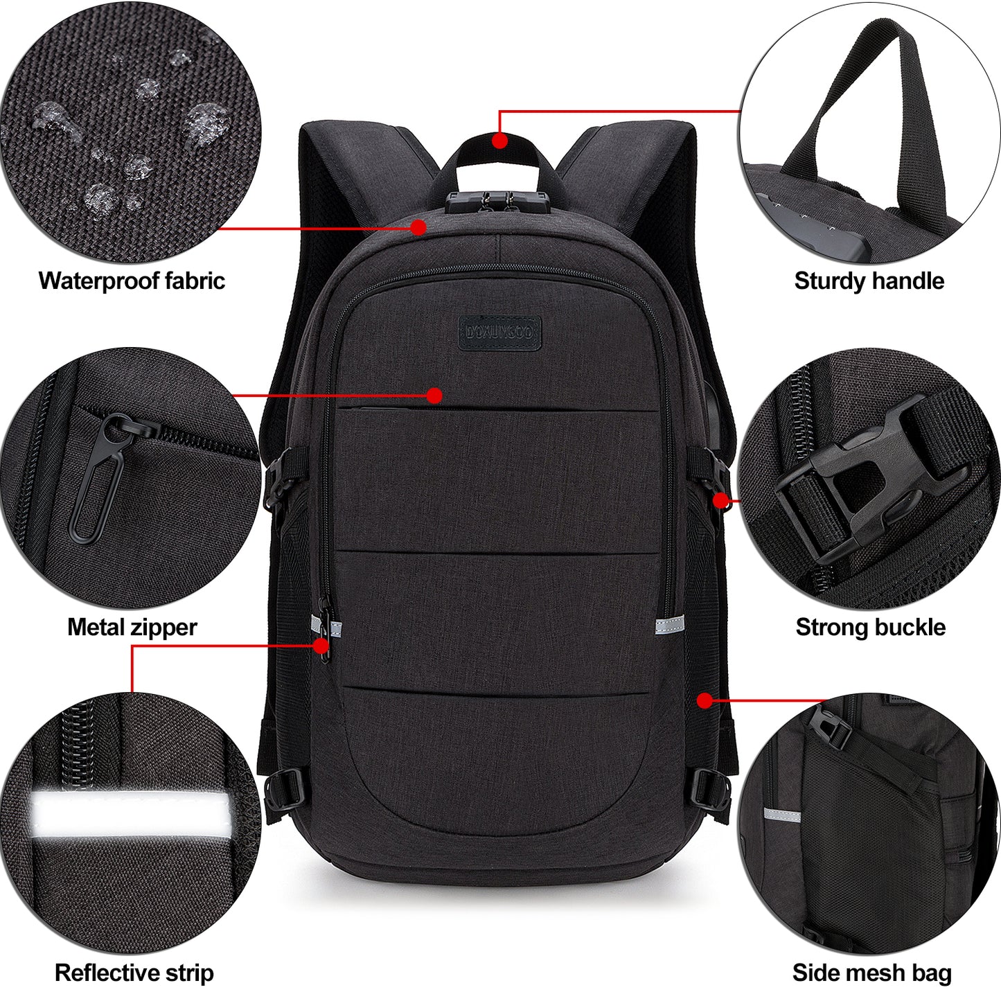 Pasa el mouse encima de la imagen para aplicar zoom DOXUNGOO Mochila antirrobo, Mochila Impermeable Mochila para portátil Hombre Mujer Mochila Aire Libre paracon Bloqueo y con USB Puerto y Puerto audífonos para Laptop hasta 15.6 Pulgadas (Negro)
