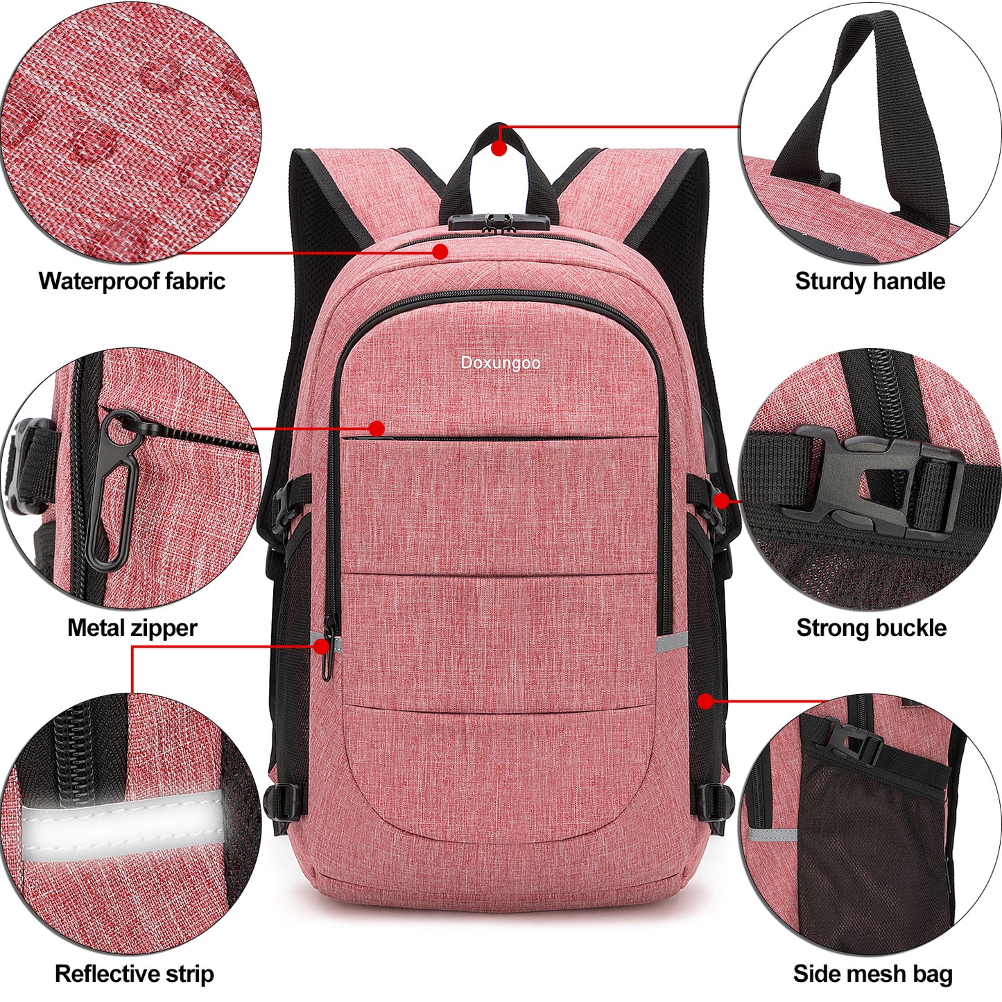 Mochila antirrobo,Mochila Impermeable ,DOXUNGOO Mochila para portátil Hombre Mujer Mochila Escolares Aire Libre paracon bloqueo y con USB Puerto y puerto audífonos para Laptop hasta 15.6 pulgadas (Rosado)