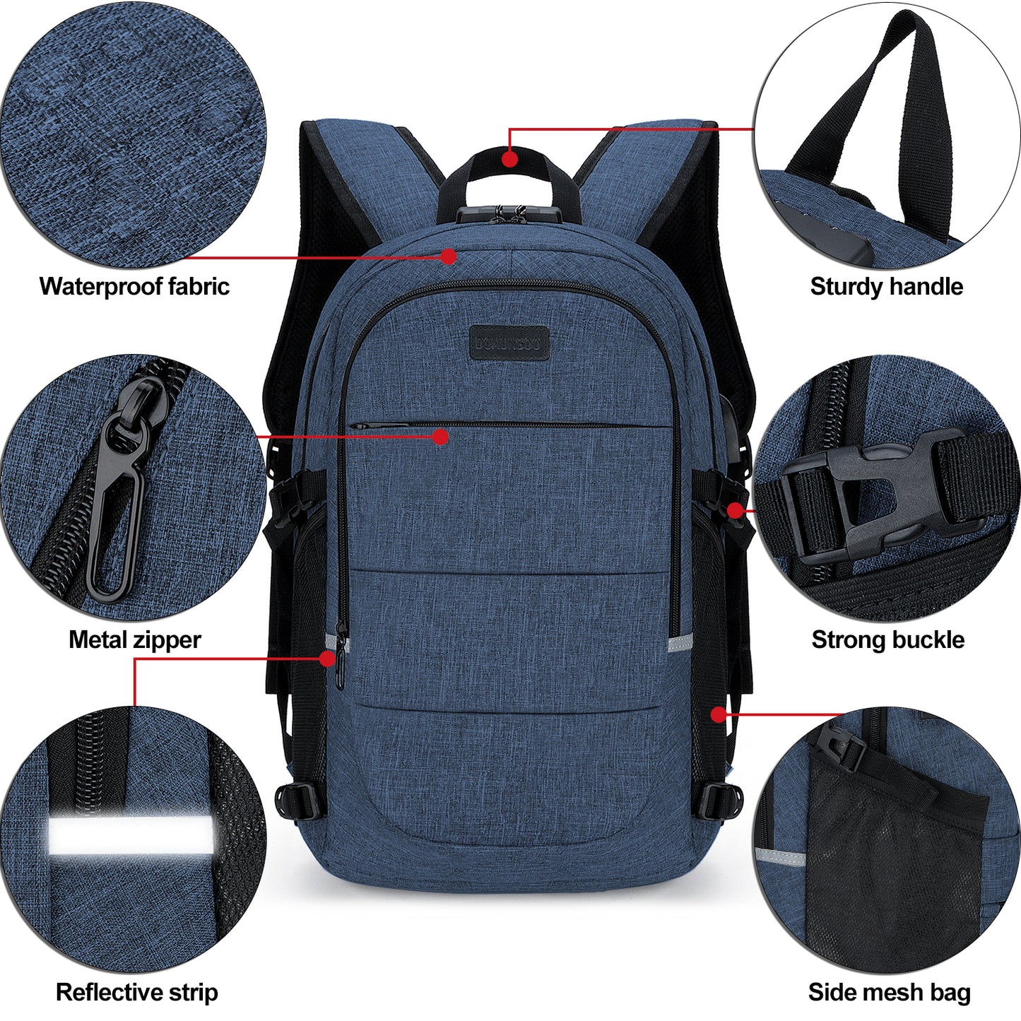 Mochila antirrobo, Mochila Impermeable ,DOXUNGOO Mochila para portátil Hombre Mujer Mochila Escolares Aire Libre paracon bloqueo y con USB Puerto y puerto audífonos para Laptop hasta 15.6 pulgadas (azul)