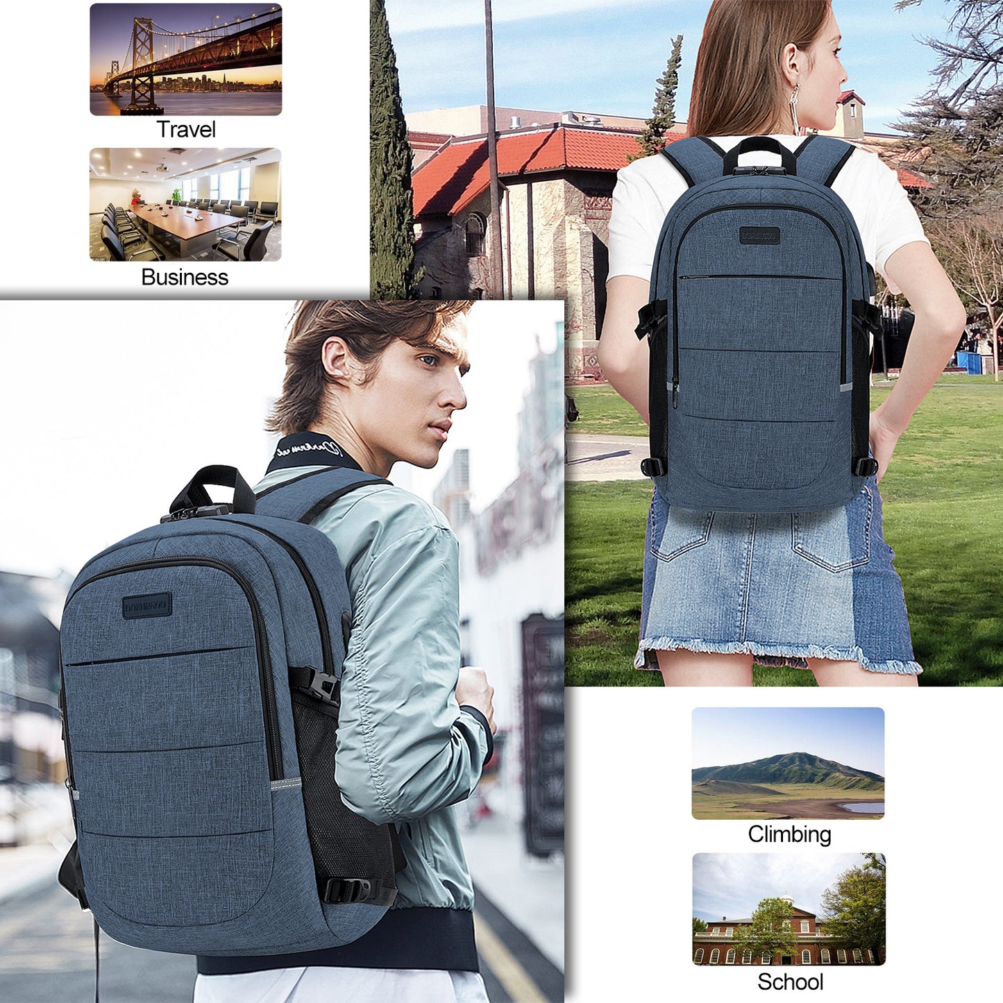 Mochila antirrobo, Mochila Impermeable ,DOXUNGOO Mochila para portátil Hombre Mujer Mochila Escolares Aire Libre paracon bloqueo y con USB Puerto y puerto audífonos para Laptop hasta 15.6 pulgadas (azul)