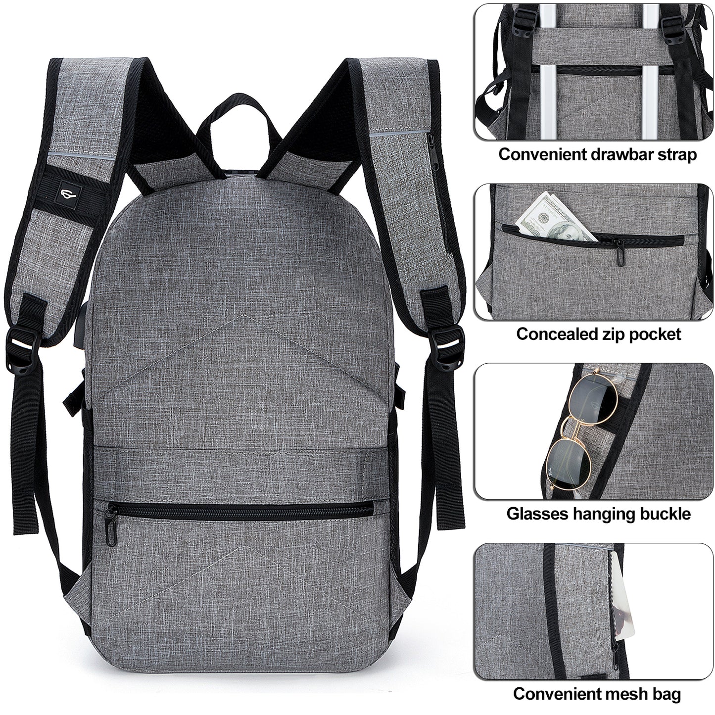 Mochila antirrobo, ochila Impermeable ,DOXUNGOO Mochila para portátil Hombre Mujer Mochila Escolares Aire Libre paracon bloqueo y con USB Puerto y puerto audífonos para Laptop hasta 15.6 pulgadas (gris)