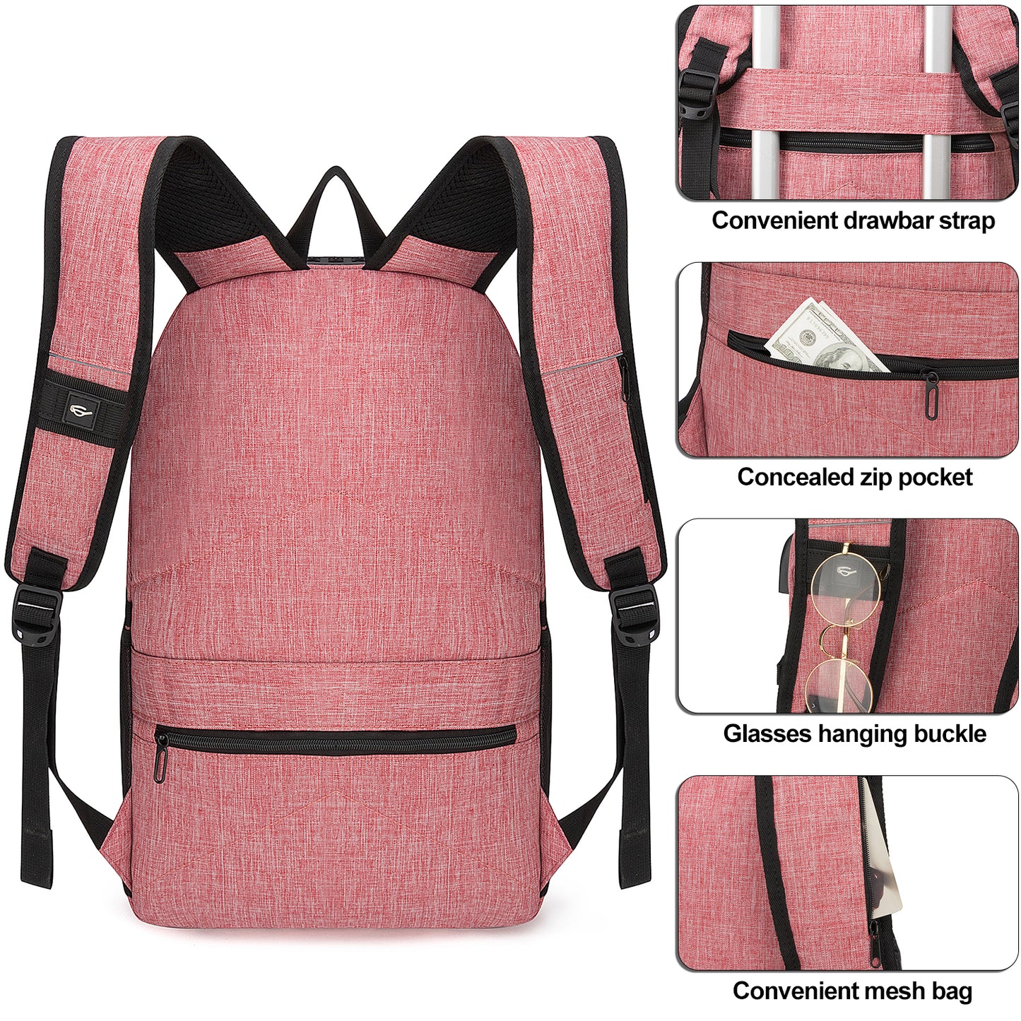 Mochila antirrobo,Mochila Impermeable ,DOXUNGOO Mochila para portátil Hombre Mujer Mochila Escolares Aire Libre paracon bloqueo y con USB Puerto y puerto audífonos para Laptop hasta 15.6 pulgadas (Rosado)