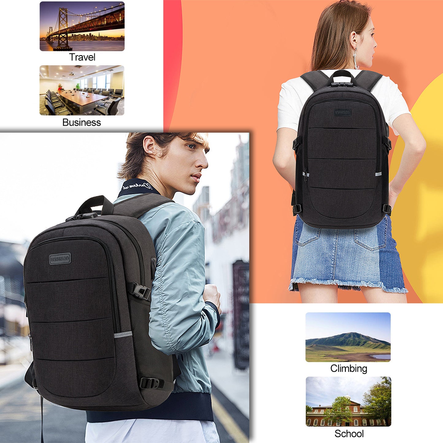 Pasa el mouse encima de la imagen para aplicar zoom DOXUNGOO Mochila antirrobo, Mochila Impermeable Mochila para portátil Hombre Mujer Mochila Aire Libre paracon Bloqueo y con USB Puerto y Puerto audífonos para Laptop hasta 15.6 Pulgadas (Negro)