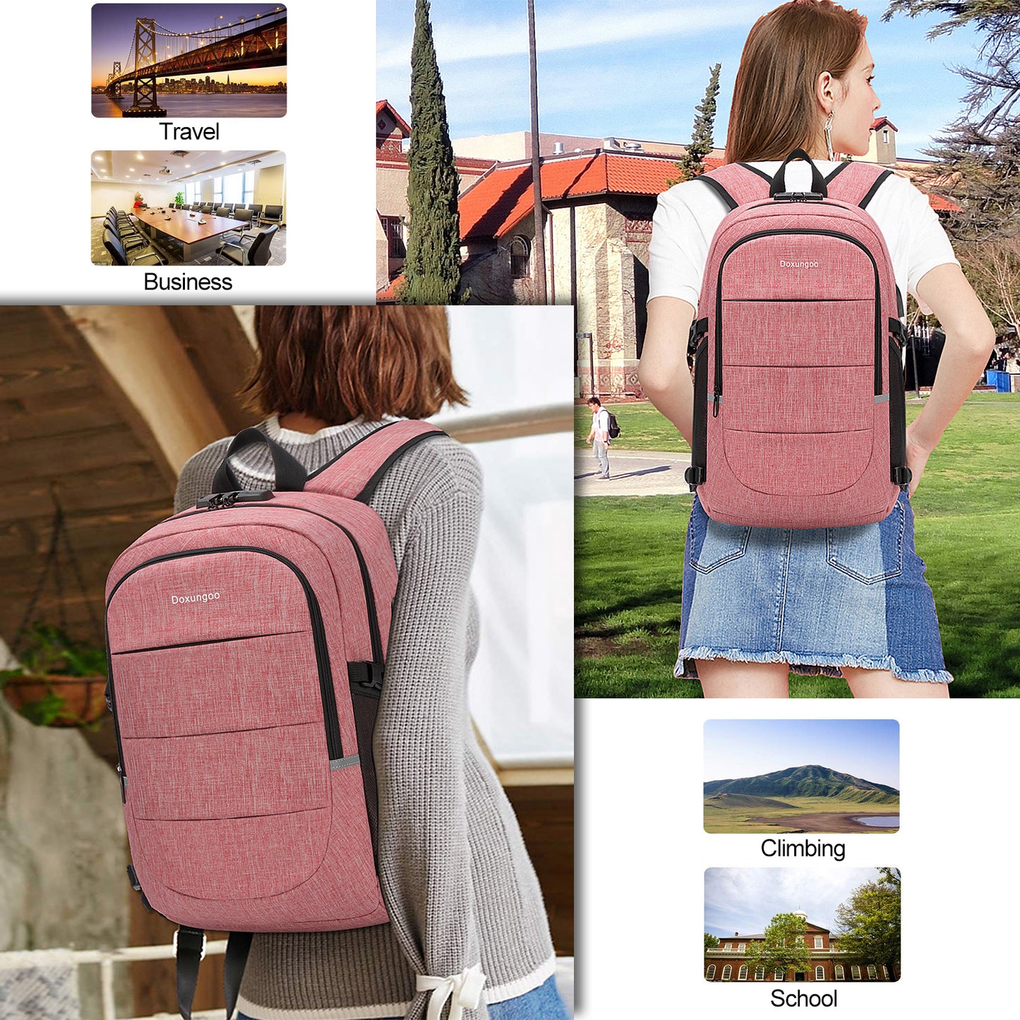Mochila antirrobo,Mochila Impermeable ,DOXUNGOO Mochila para portátil Hombre Mujer Mochila Escolares Aire Libre paracon bloqueo y con USB Puerto y puerto audífonos para Laptop hasta 15.6 pulgadas (Rosado)