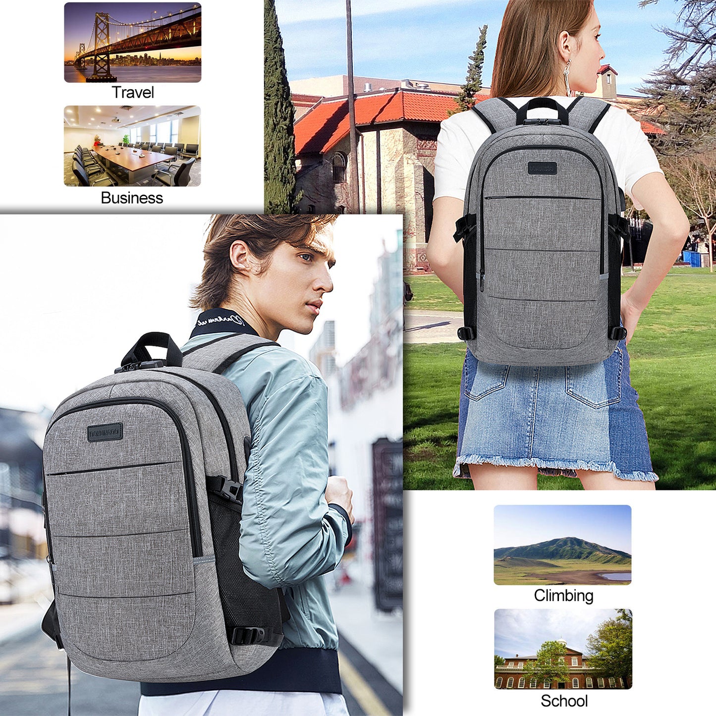 Mochila antirrobo, ochila Impermeable ,DOXUNGOO Mochila para portátil Hombre Mujer Mochila Escolares Aire Libre paracon bloqueo y con USB Puerto y puerto audífonos para Laptop hasta 15.6 pulgadas (gris)