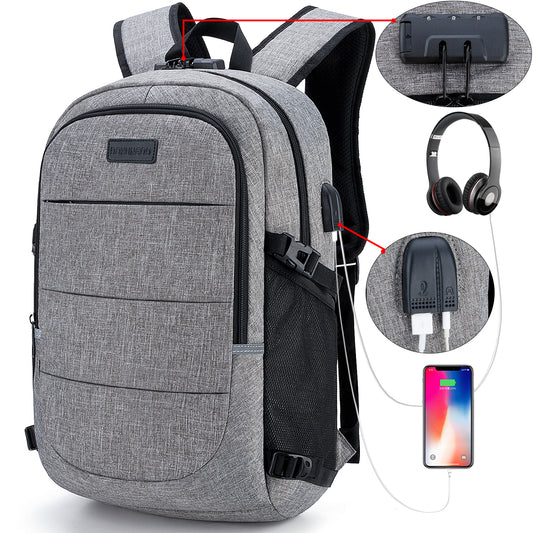 Mochila antirrobo, ochila Impermeable ,DOXUNGOO Mochila para portátil Hombre Mujer Mochila Escolares Aire Libre paracon bloqueo y con USB Puerto y puerto audífonos para Laptop hasta 15.6 pulgadas (gris)